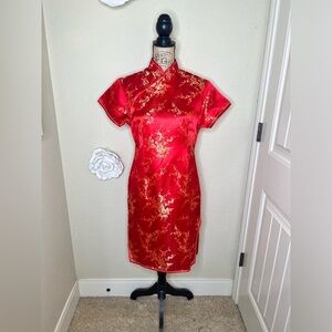 NTM: Vintage Golden Dragon Silk Red & Gold Floral Cheongsam Quito Dress Sz L